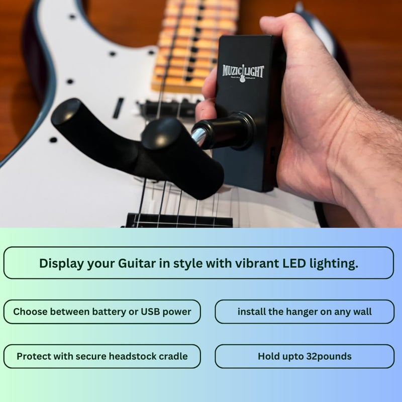 MuzicLight Light Up Wide Neck Guitar Wall Mount Bracket or Holder for Electric Guitars, 7 String Bass, or Concert Acoustic Guitars Using LED for Guitar Display with Ambient Surround Lighting - Image 4